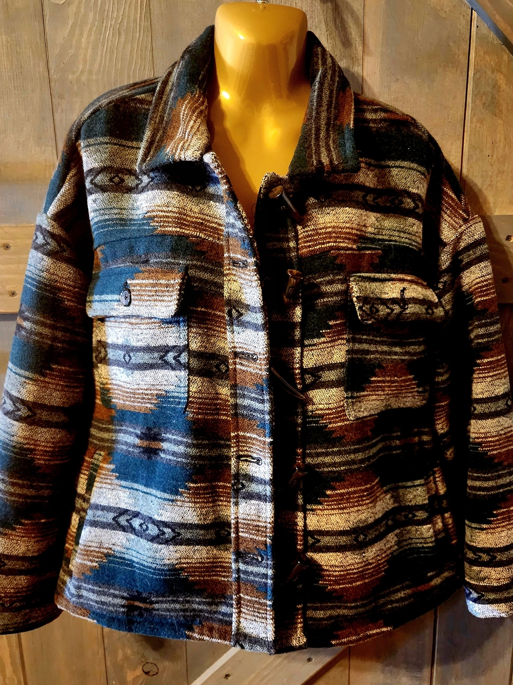 Rewash Aztec-Style Woven Shacket in Blue and Brown